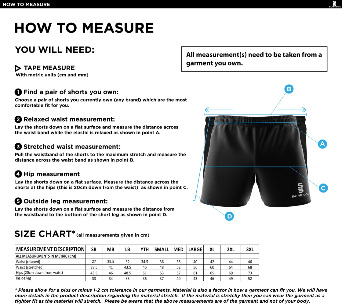 Heaton Mersey CC - Performance Gym Short - Size Guide