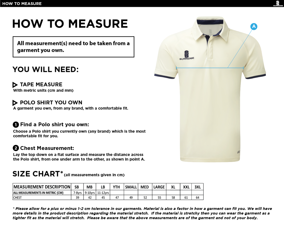 PRE-ORDER - Heaton Mersey CC - Short Sleeved Shirt - Coloured - Size Guide