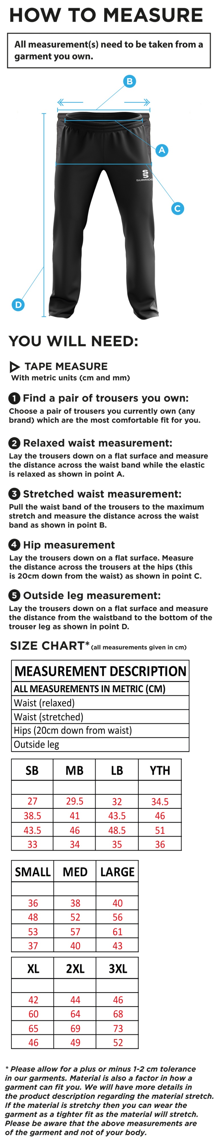 Heaton Mersey CC - Ripstop Track Pants - Size Guide