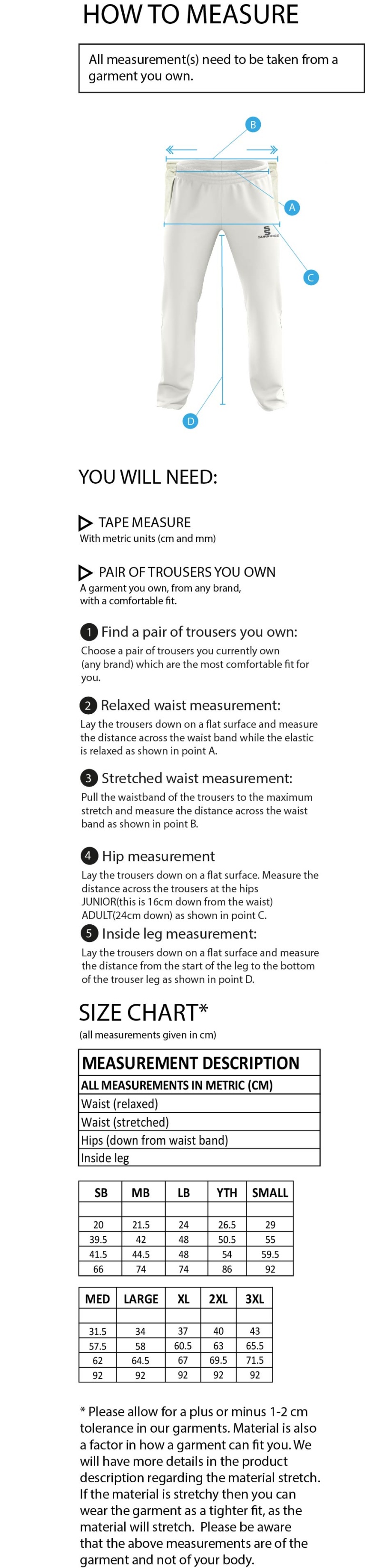 HEATON MERSEY CC - Standard Playing Pant - Size Guide