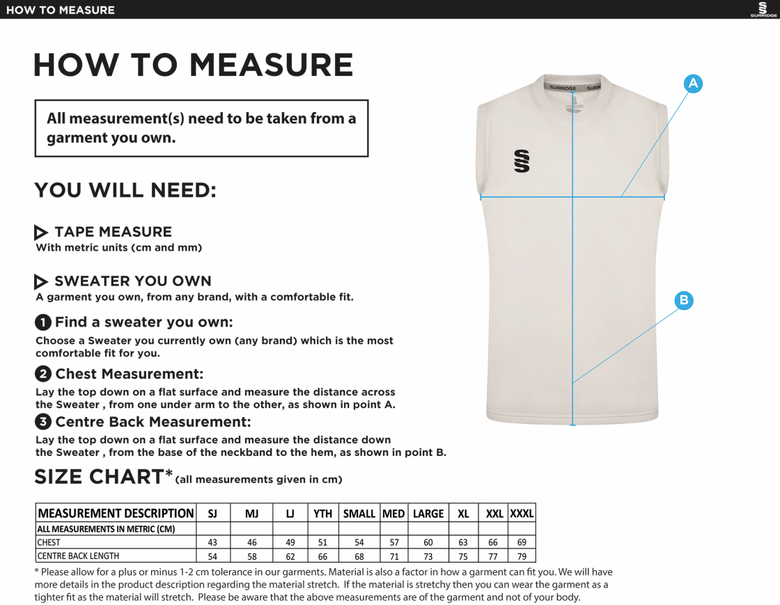 Heaton Mersey CC - BLAST SLEEVELESS SWEATER - Men's Fit - Size Guide