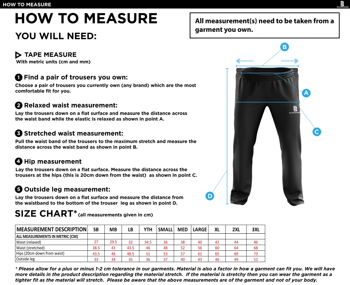 Heaton Mersey CC - Ripstop Track Pants - Size Guide